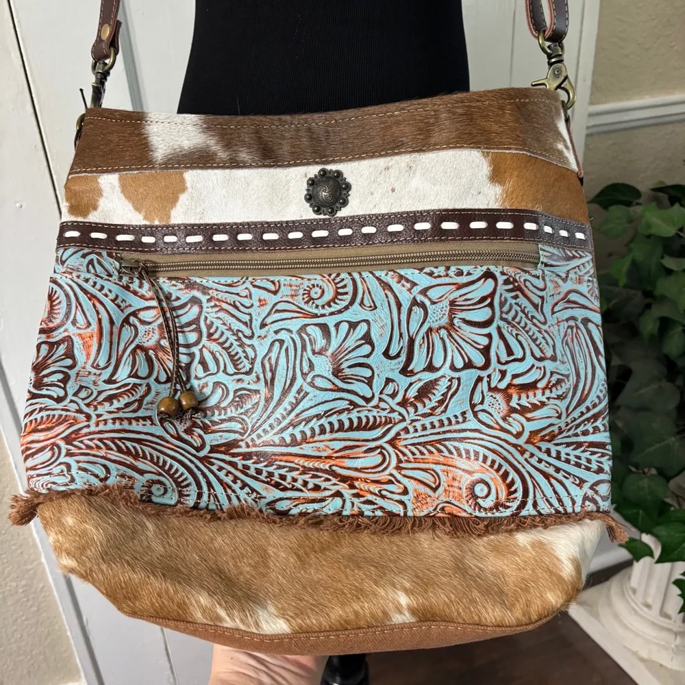 Myra Peridot Crossbody/Shoulder Hairon Leather Canvas Bag - Picture 9 of 16
